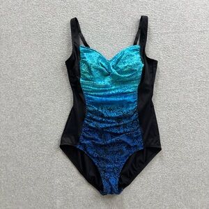 Miradonna by Miraclesuit Womens One Piece Swimsuit Floral Blue Black Size 12